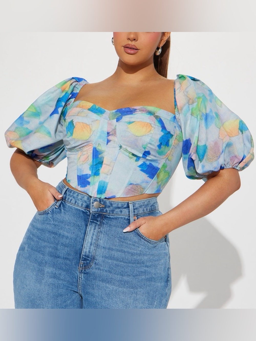 FN Watercolor Puff-Sleeve Sweetheart Crop Top